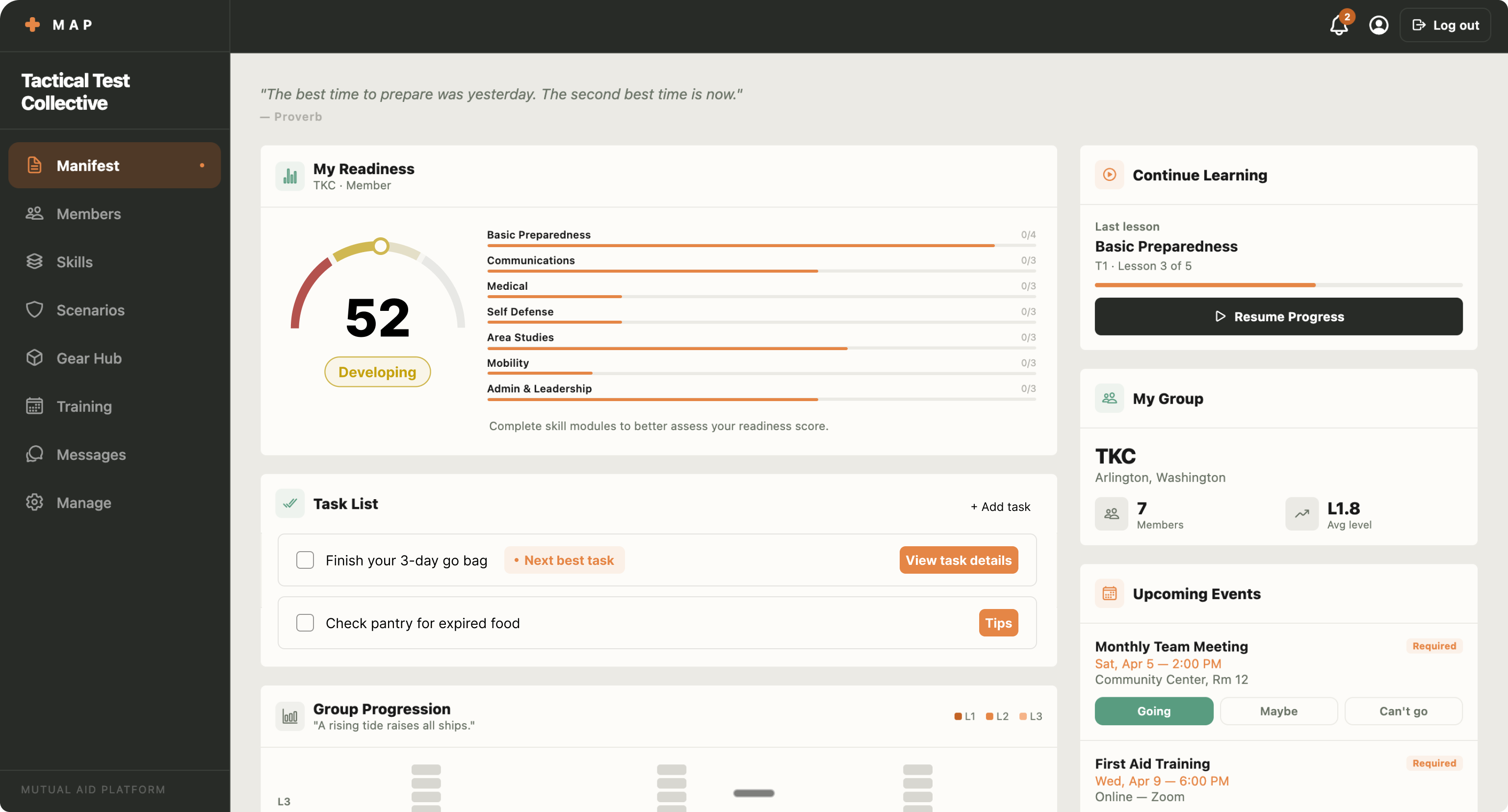 MAP app dashboard